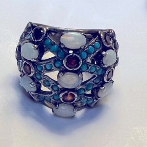 Garnet , opal, turquoise silver ring